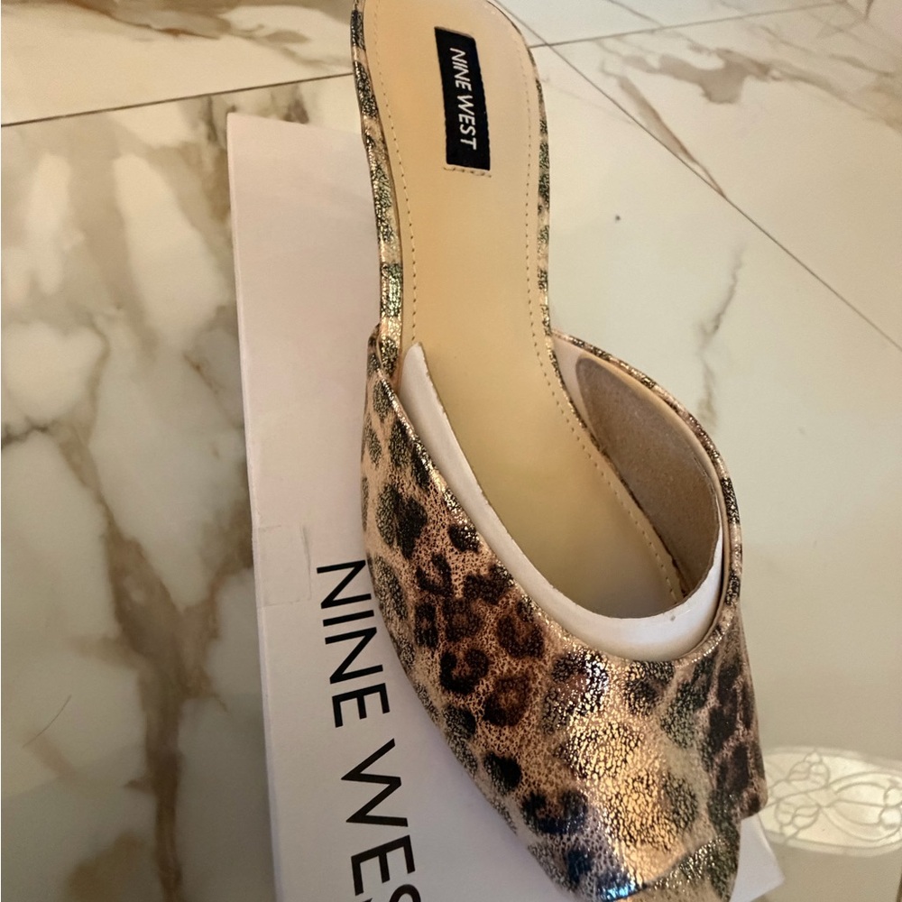 Nine West Gold and Leopard Print Mules